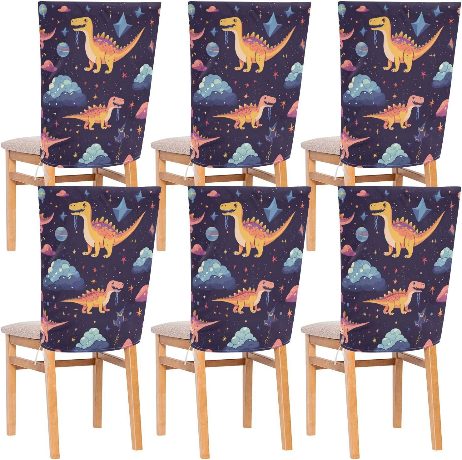 ALAZA Dinosaur and Stars Chair Back Cover Set of 6, Washable Reusable Removable Chair Slipcovers Decorative Chair Cover for Home Kitchen Wedding Party