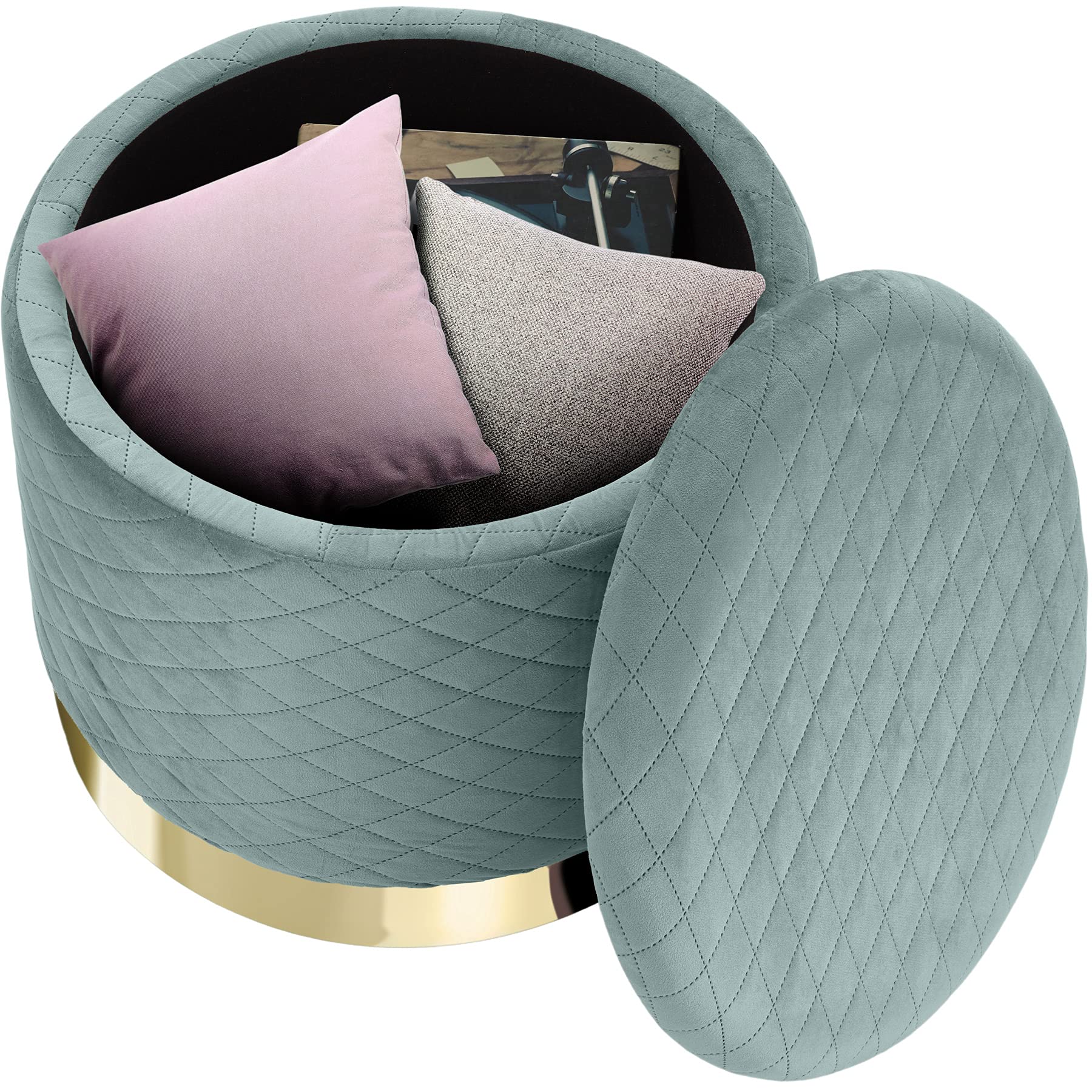tectake® Puff almacenaje Aterciopelado con Base Dorada y Gran Capacidad, Ideal como Taburete Dormitorio, Puff Dormitorio o Elegante Silla Tocador - 51 x 51 x 44,5 cm Turquesa