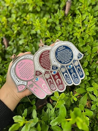 Vista 4 de Hamsa Wall Decor - Amuleto de protección contra el mal de ojo rojo/azul para el hogar/negocios, amuleto de buena suerte en inglés/Hebrew Blessings