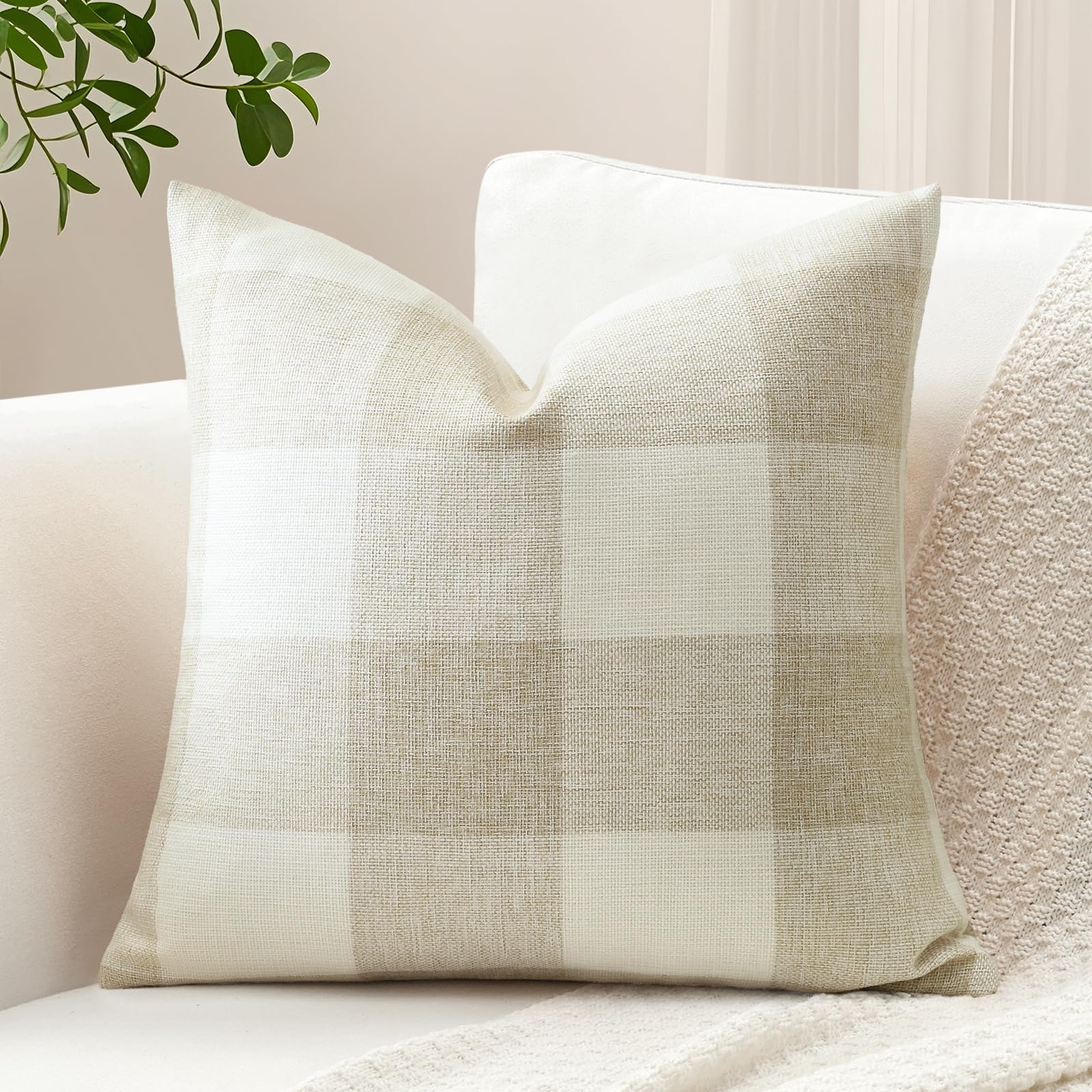 Sungeek Set of 1 Buffalo Check Decorative Cushion Cover 60 x 60cm Linen Plaid Farmhouse Pillow Cover Tartan Square Throw Pillow Case for Sofa Couch Bed Patio 24x24 Inch, Beige — image 1