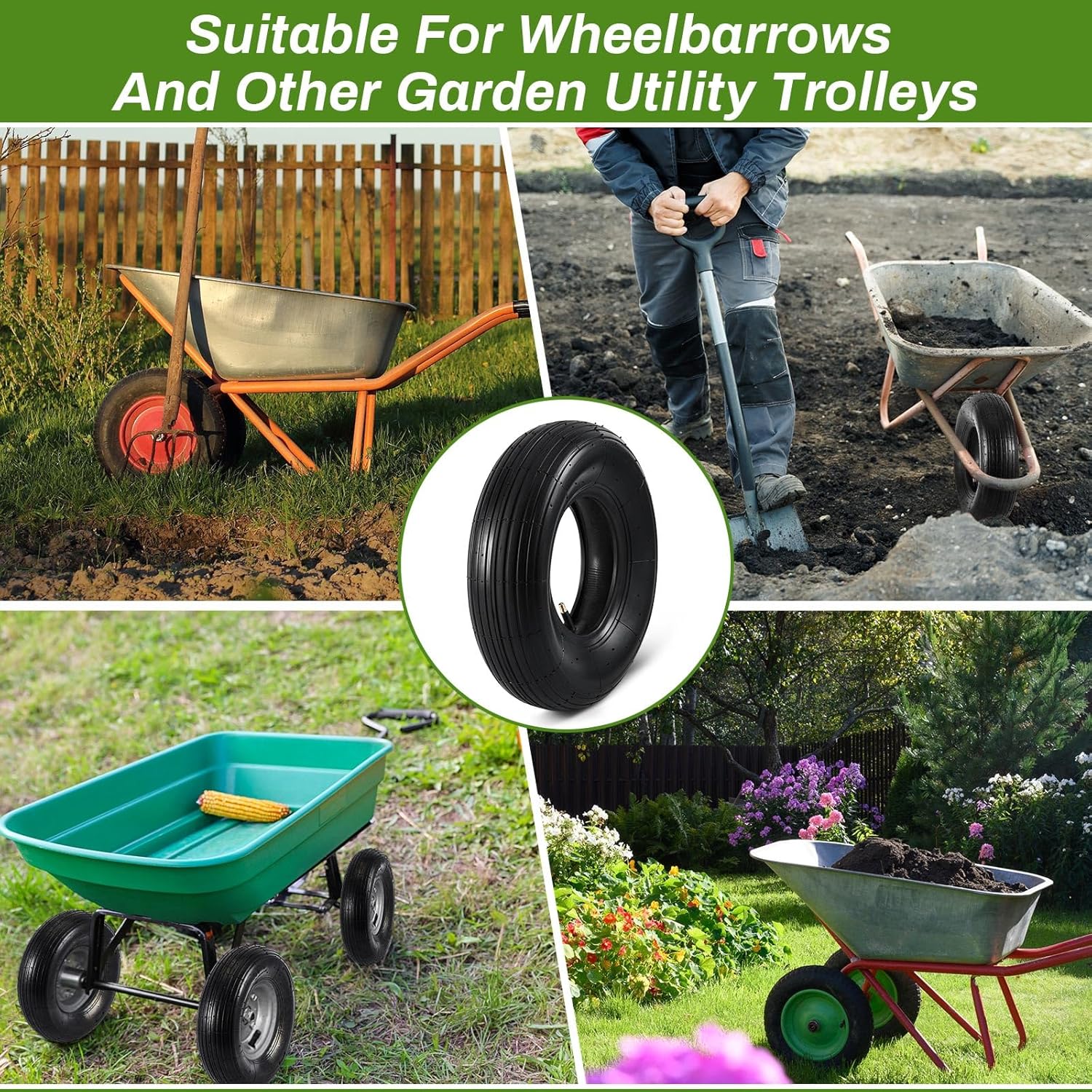 4 Sets 13'' 4.00-6 Replacement Tire and Inner Tube Set Heavy Duty 4.00-6 Tire and Wheel with TR13 Straight Valve Stem and Ribbed Treads, for Wheelbarrow Trolley Garden Wagon Wheels