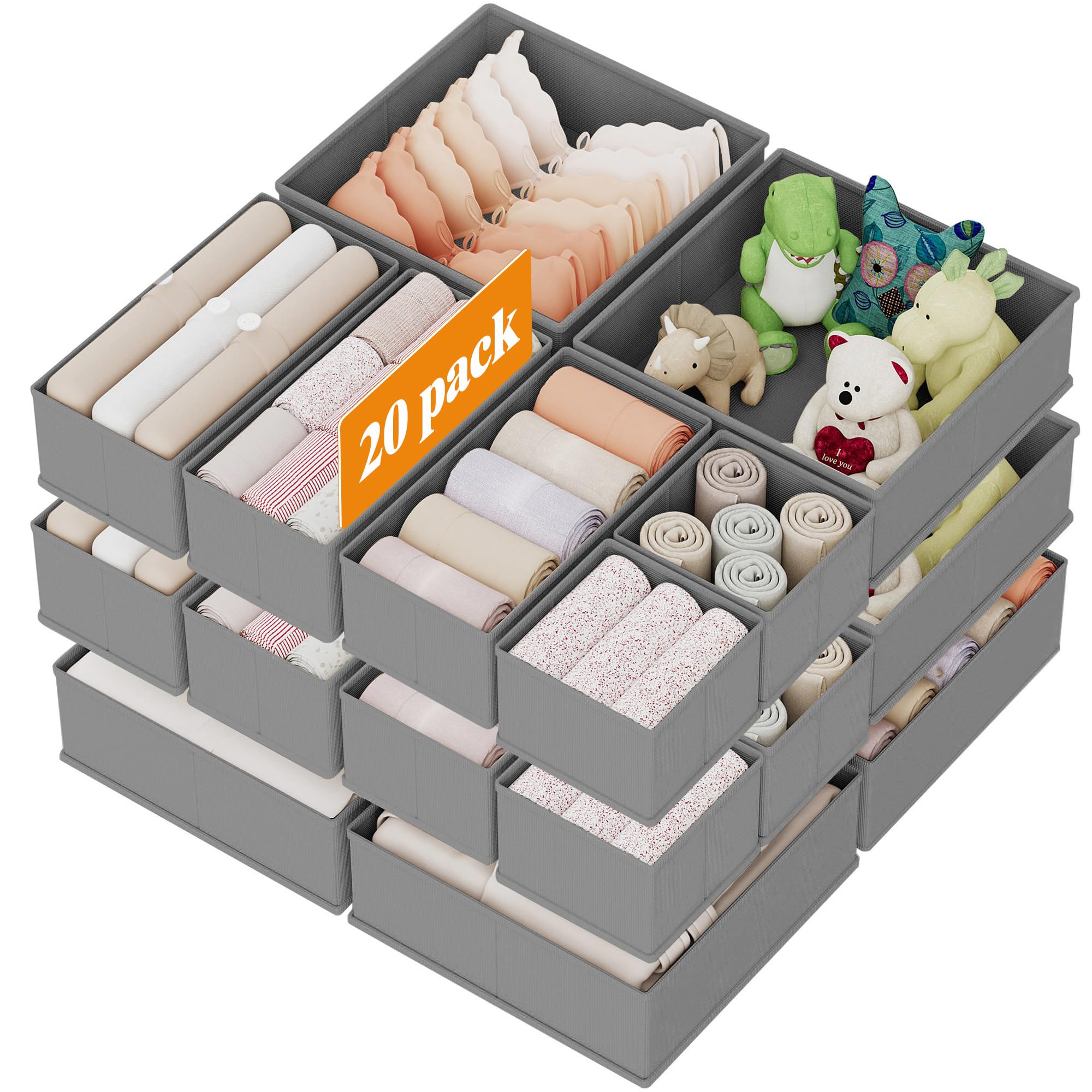 XIVIRACK 20 Pack Drawer Organizer for Clothes, Underwear Drawer Organizer Bins, Foldable Fabric Closet Storage Organizers, Drawer Dividers for Bras Undies Socks Ties, Grey