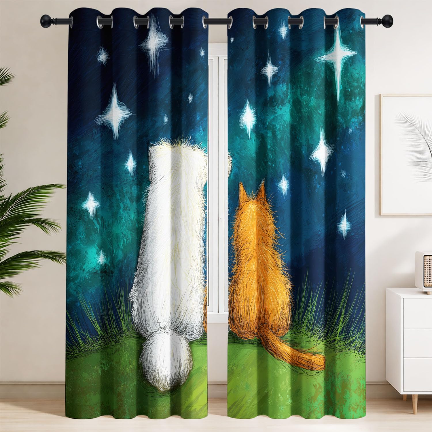 Genérico Cortinas Opacas Oscurecer Ilustración Infantil Cortinas Decor Dormitorio Infantil Animales Perros Lindos Gatos Cielo Estrellado Hierba Romántico Amistad Cortina Térmicas Azul Oscuro 140x245