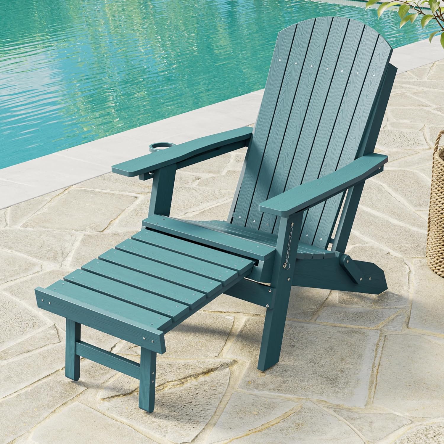 3-Position Adjustable Folding Adirondack Chair with Retractable Ottoman, HDPE Weather Resistant Patio Chair with Hidden Cup Holder for Lawn, Deck and Garden, Lake Blue