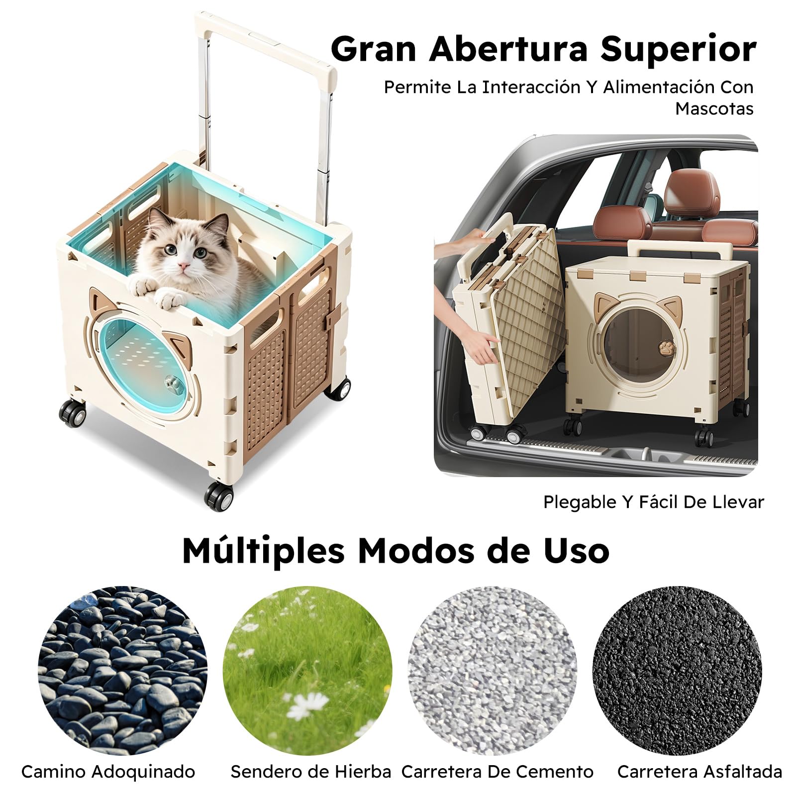 PETCUTE Bolsa de Viaje para Perros,Transportín para Gatos con Ruedas,Transportín Multiusos para Mascotas para Perros y Gatos Pequeños con Asa Telescópica,para Viajes, Senderismo,Paseos,Caqui