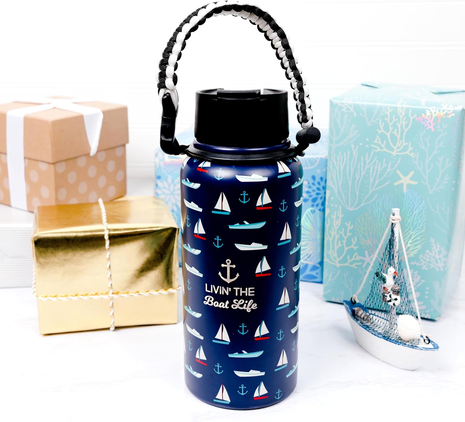 Pavilion Gift Company - Livin' The Boat Life - 32oz Stainless Steel Travel On The Go Water Bottle Coffee Thermal With Survival Rope Handle - Boat Beach Lake Lover Gift - 12 Hrs Cold & 6 Hrs Hot - Image 5