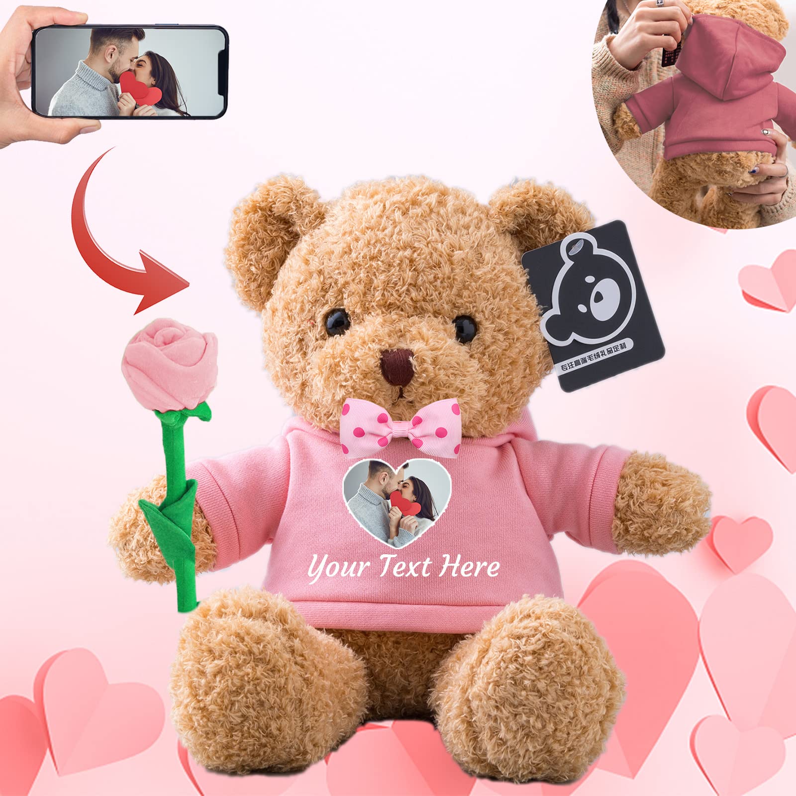 Personalised Teddy Bear with Photo & Text, Stuffed Animal with Rose & Bow - Perfect 'I'm Sorry' Gift for Her on Valentine, Anniversary or Birthday (12-Inch Pink Hoodie)
