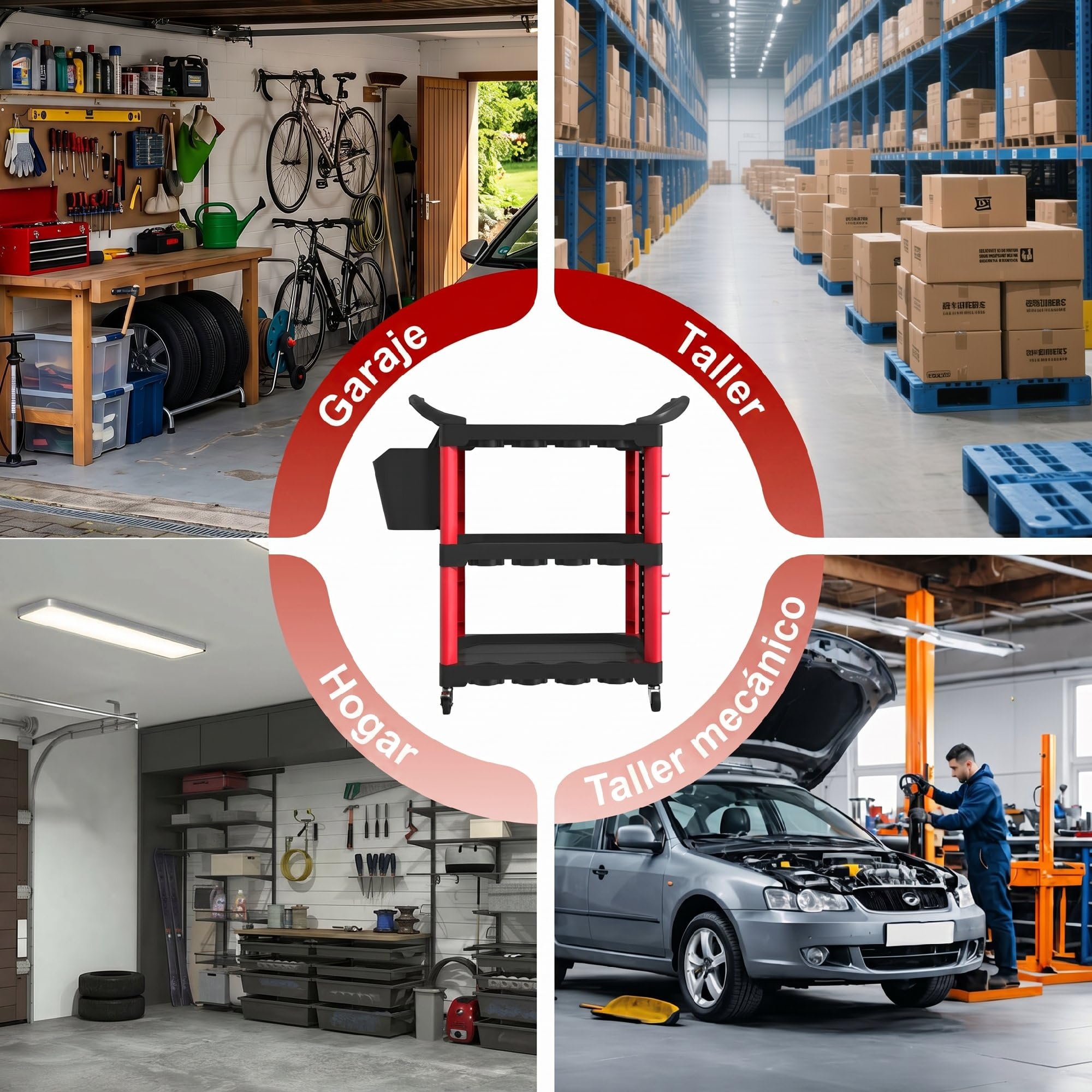 HOMCOM Carro de Taller de 3 Niveles con Paneles Perforados Negro y Rojo | Carro de Herramientas, Asa Lateral, Ganchos, Cubeta, para Garaje Mecánico, Hogar