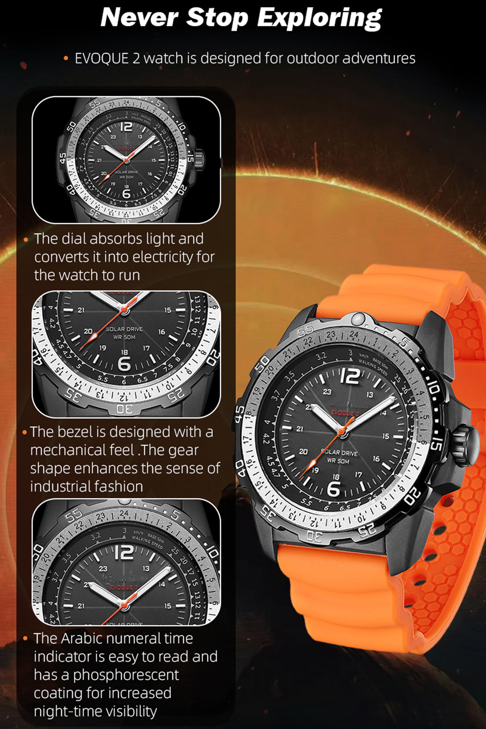 findtime Orologio da polso da uomo a energia solare impermeabile fino a 5 atm, subacqueo, LED, per maratona, sopravvivenza, nuoto, militare, tattico, orologio da campo, arancione