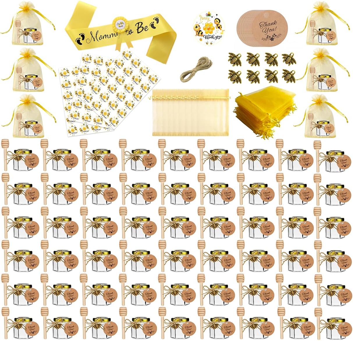 IIKUM 60 Pack 1.5 oz Glass Honey Jars with Baby Shower Sash, Dippers, Bee Pendants, Gift Bags, Thank You Cards, Jute and Stickers-Great Honey Jars Set for Baby Shower Favors, Welcome Baby Decorations 60 pack hexagon jars with sash