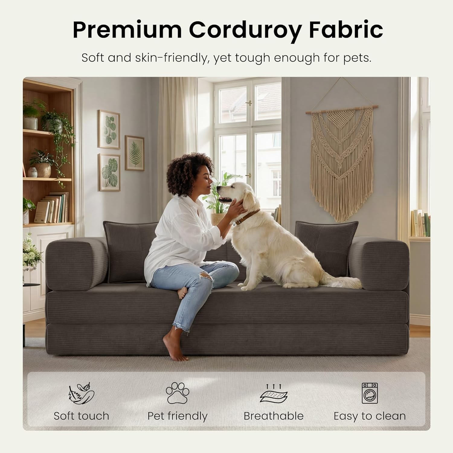 78.8" Convertible Futon Sofa Bed,Corduroy Futon Couch with Storage Pocket,Folding Pull Out Sofa,No Assembly Boneless Couch for Living Room,Brown