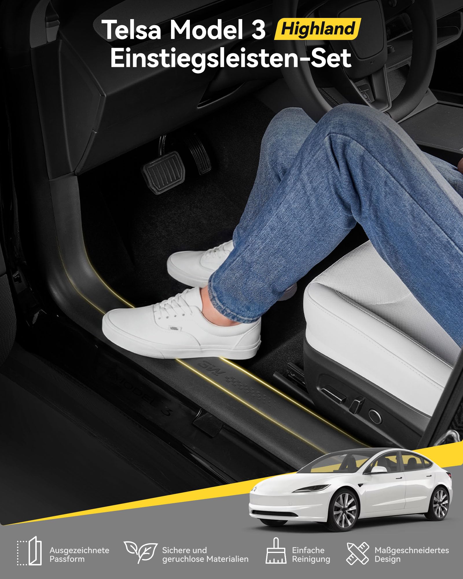 3W 5-teiliger Einstiegsleisten Vorne und Hinten für Tesla Model 3 Highland 2024-2025 2026, TPE Kofferraum-Einstiegsleisten, Einstiegsschutz, Staubschutzabdeckung, Kantenschutz, Autozubehör nach Maß