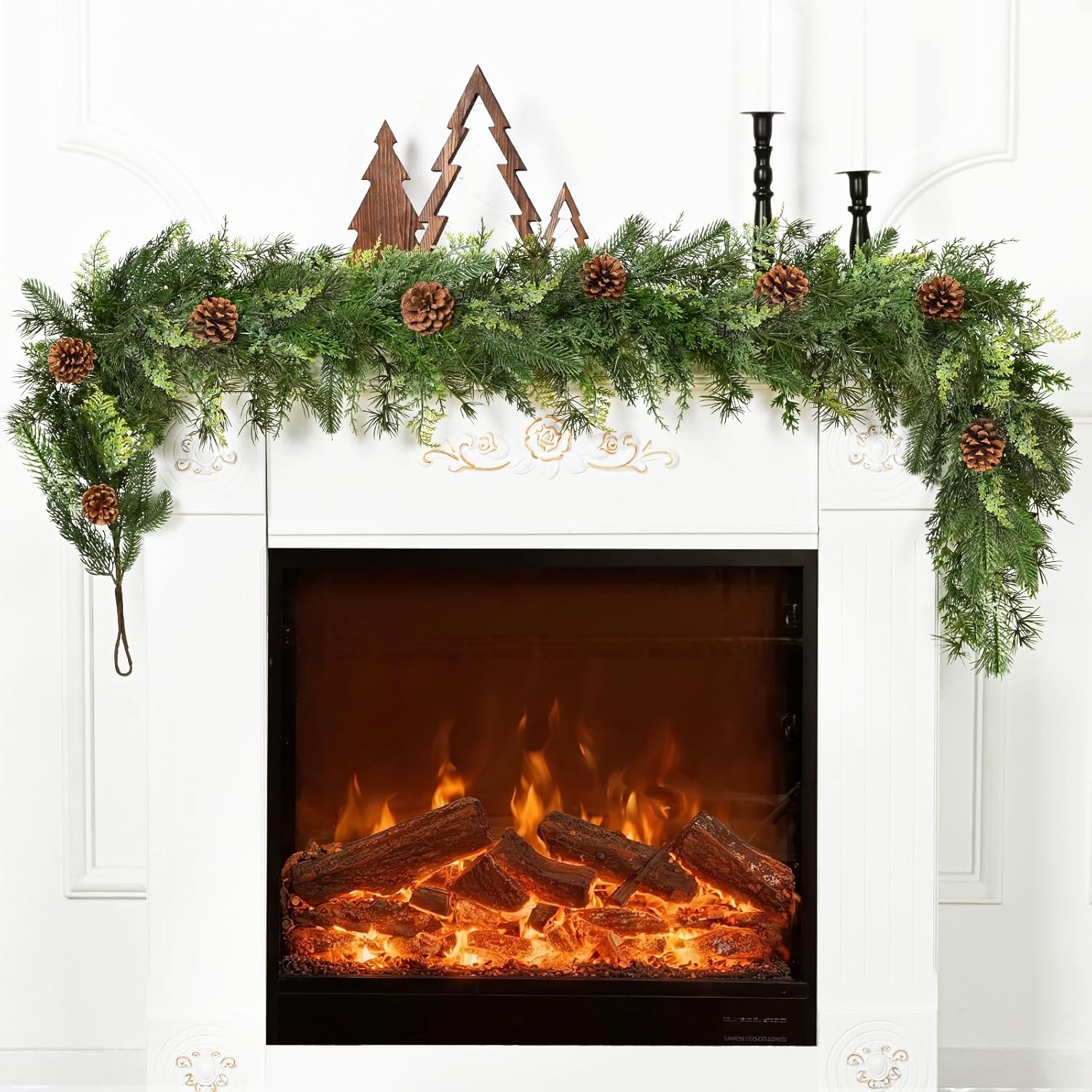 Waipfaru 6FT Christmas Garland with Lights, Realistic Cedar Garland with Pinecone Real Touch Norfolk Pine Garlands, Prelit Lighted Cypress Garlands for Mantle Table Stairs Winter Indoor Outdoor Decor - Image 8