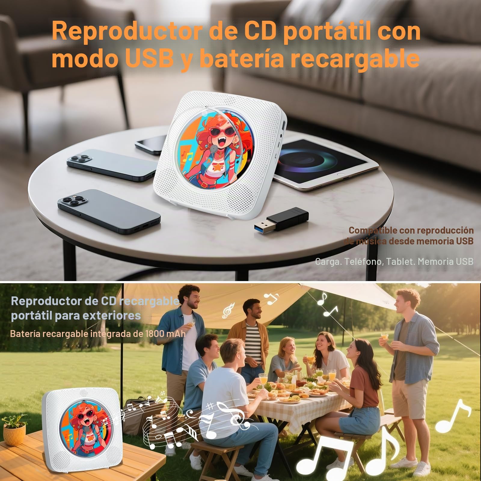 Gueray Reproductor de CD Portátil Bluetooth con Batería Recargable 1800 mAh Mando a Distancia Radio USB AUX Blanco