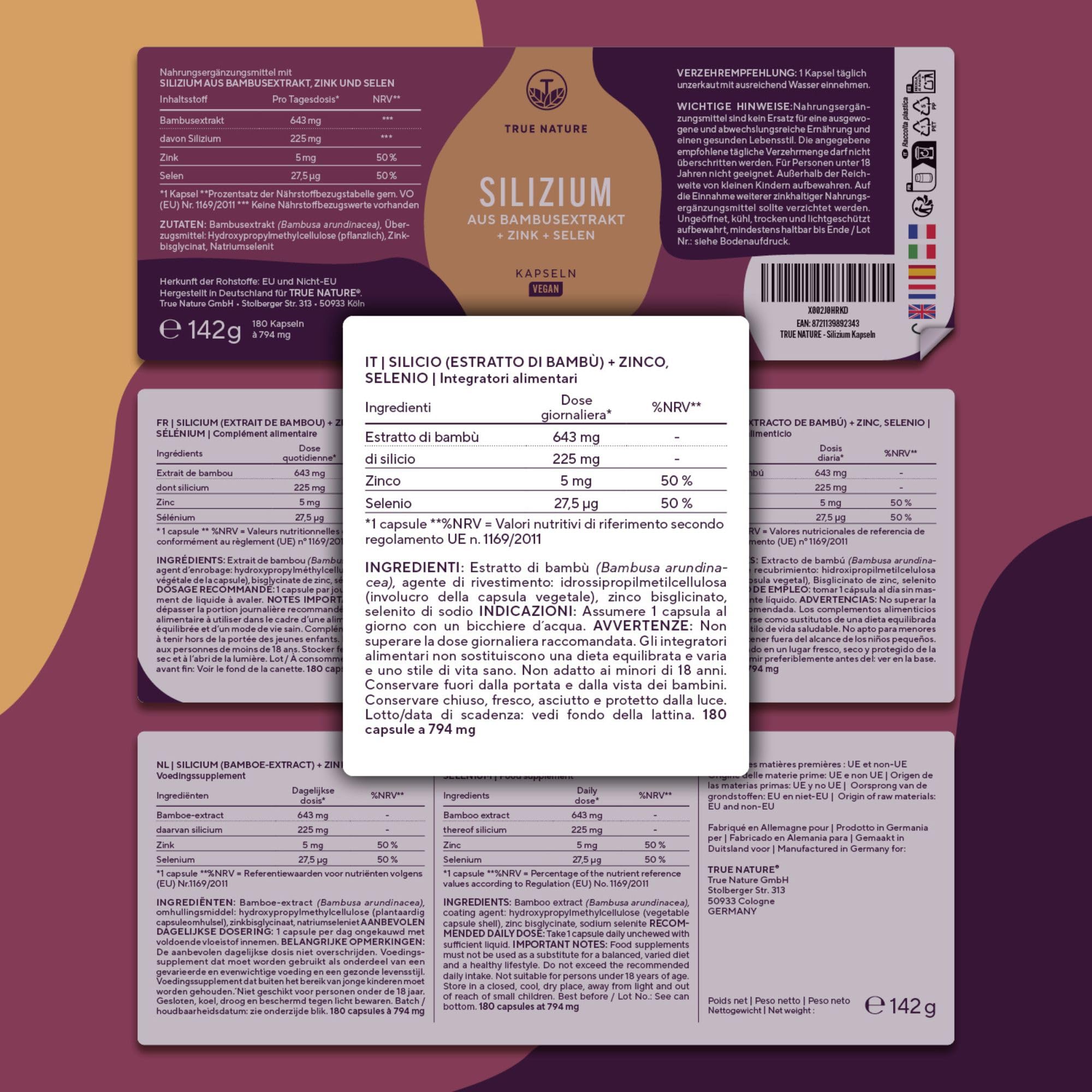 Capsule di Silicio - 180 Capsule per 6 Mesi - Alto Dosaggio - Con Zinco & Selenio - Silicio Organico ad Alto Dosaggio da Estratto di Bambù Indiano - 643 mg - Vegano - TRUE NATURE