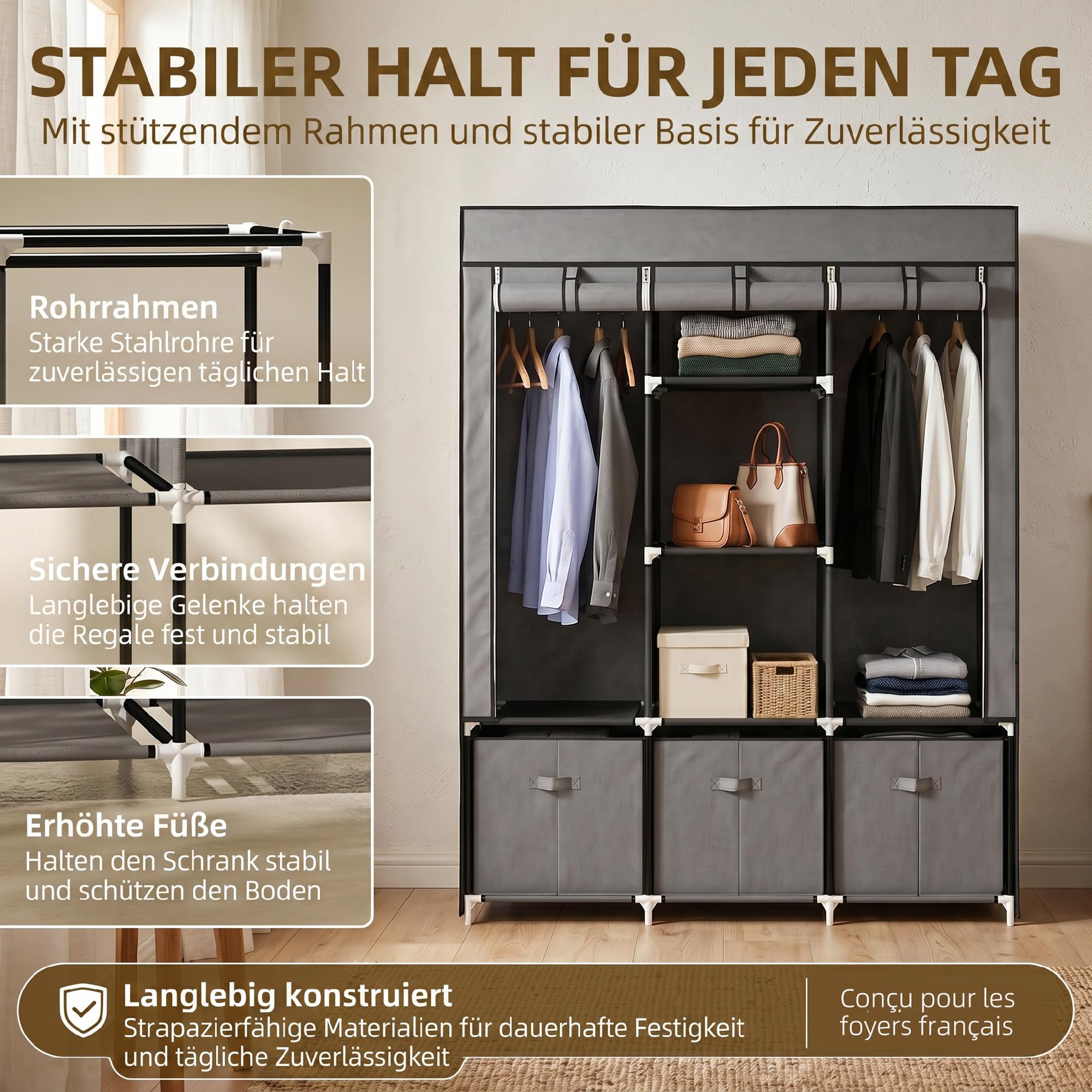 HOMCOM Armoire de Rangement en Tissu penderie Pliable avec 5 étagères, 2 Barres de Suspension et 3 tiroirs en Tissu - 125L x 43l x 162.5H cm, Gris