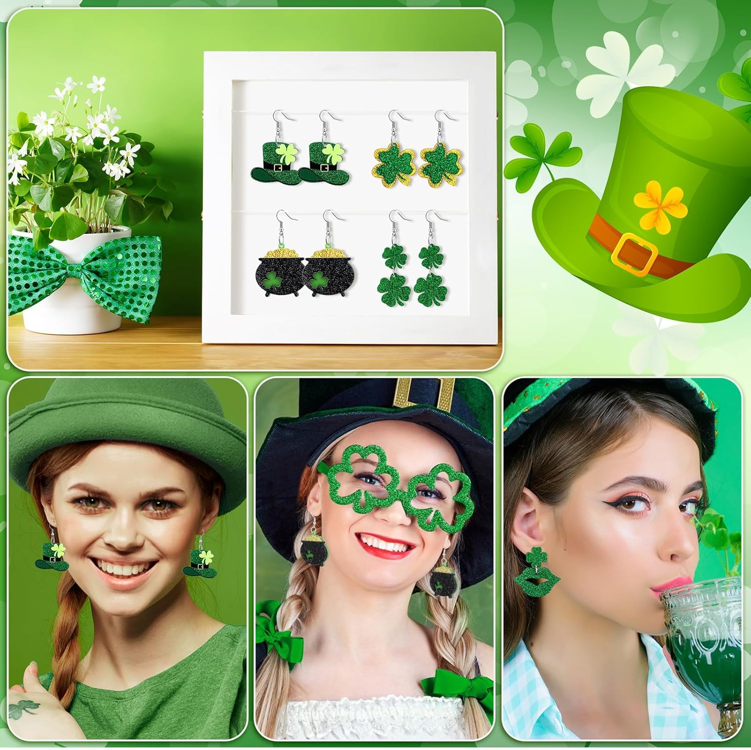 8 Pairs St. Patrick's Day Earrings for Women Acrylic Stud Irish Shamrock Dangle Earrings Green Hat Gold Pot Four Leaf Clover Earrings for Festival St Patty's Jewelry - Image 4
