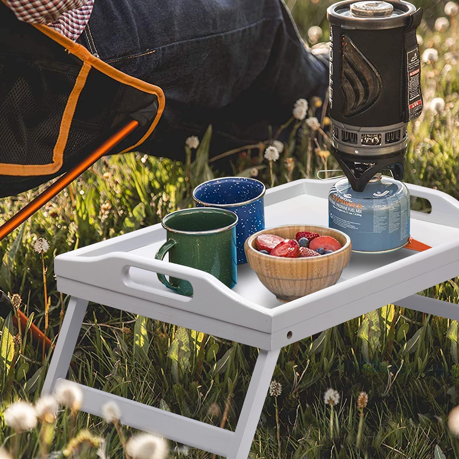 Bed Tray Table Folding Legs with Handles Breakfast Food Tray for Sofa,Bed,Eating,Drawing,Platters Serving Lap Desk Snack Tray (White Small)