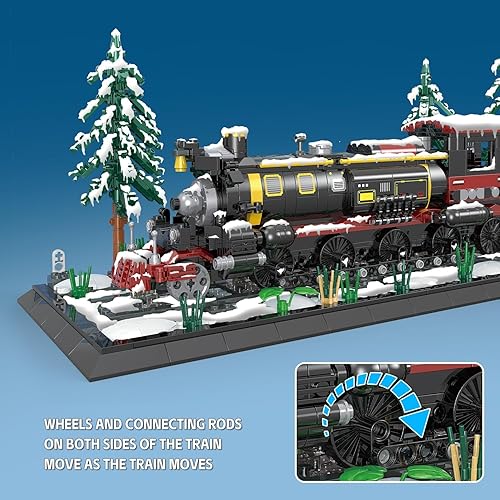 Miniatura 3 de WVINVW Bloque de construcción clásico de locomotora de vapor, juego de tren con luces, pista de tren, base y 3 árboles, regalos para amantes del