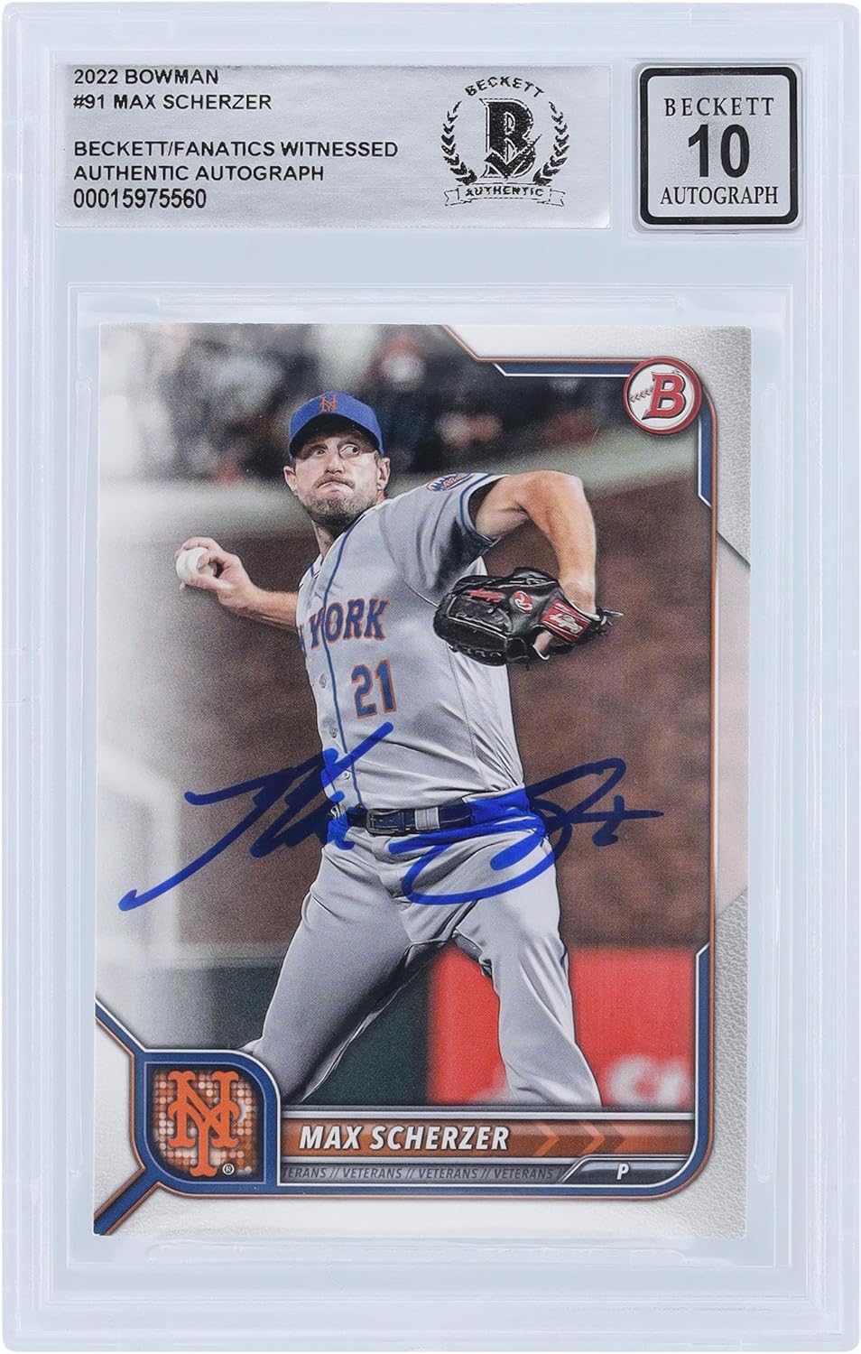 Max Scherzer New York Mets Autographed 2022 Bowman Series 1#91 Beckett Fanatics Witnessed Authenticated 10 Card - Baseball Slabbed Autographed Cards