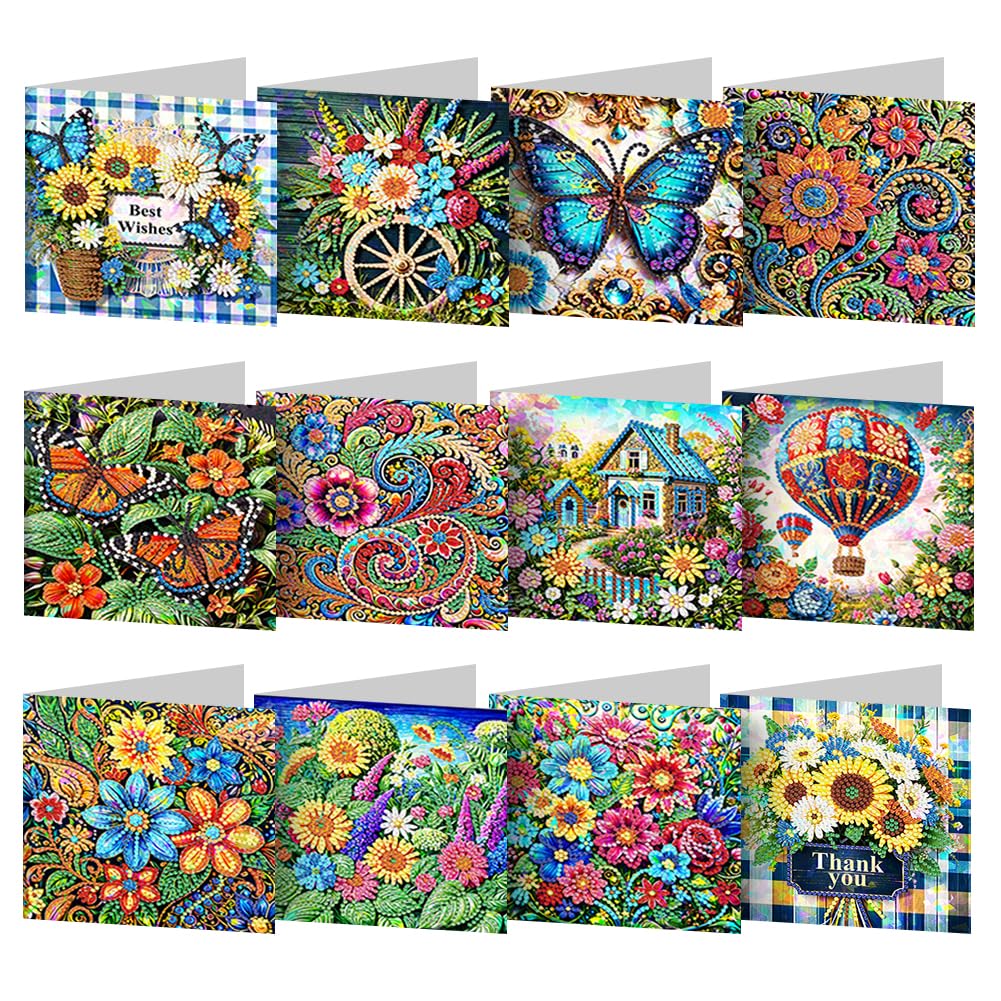 Fiorky I 8/12Pcs Diamond Painting Greeting Cards Diy 5D Rhinestone Arts Greetings Birthday Card Handmade Diamond Painting Greeting Thank You Card Arts Crafts For Birthday Blessing And Wishes