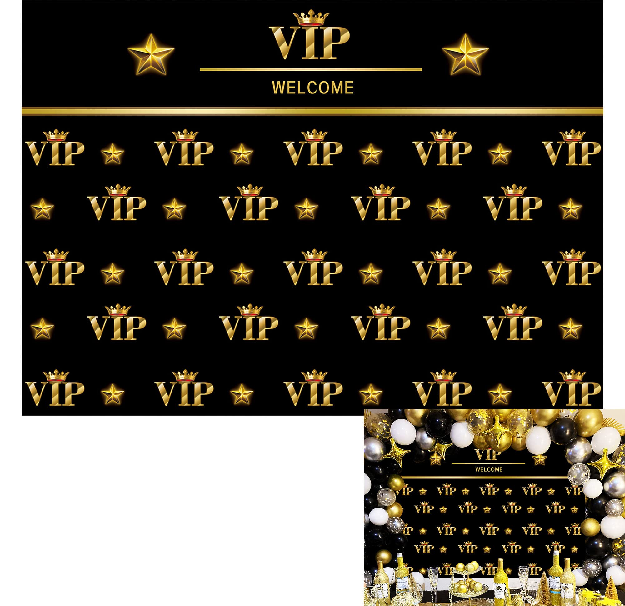 BINQOO 7x5FT Welcome VIP Backdrop Black Gold VIP Party Background Movie Stars Birthday Party Decor Supplies