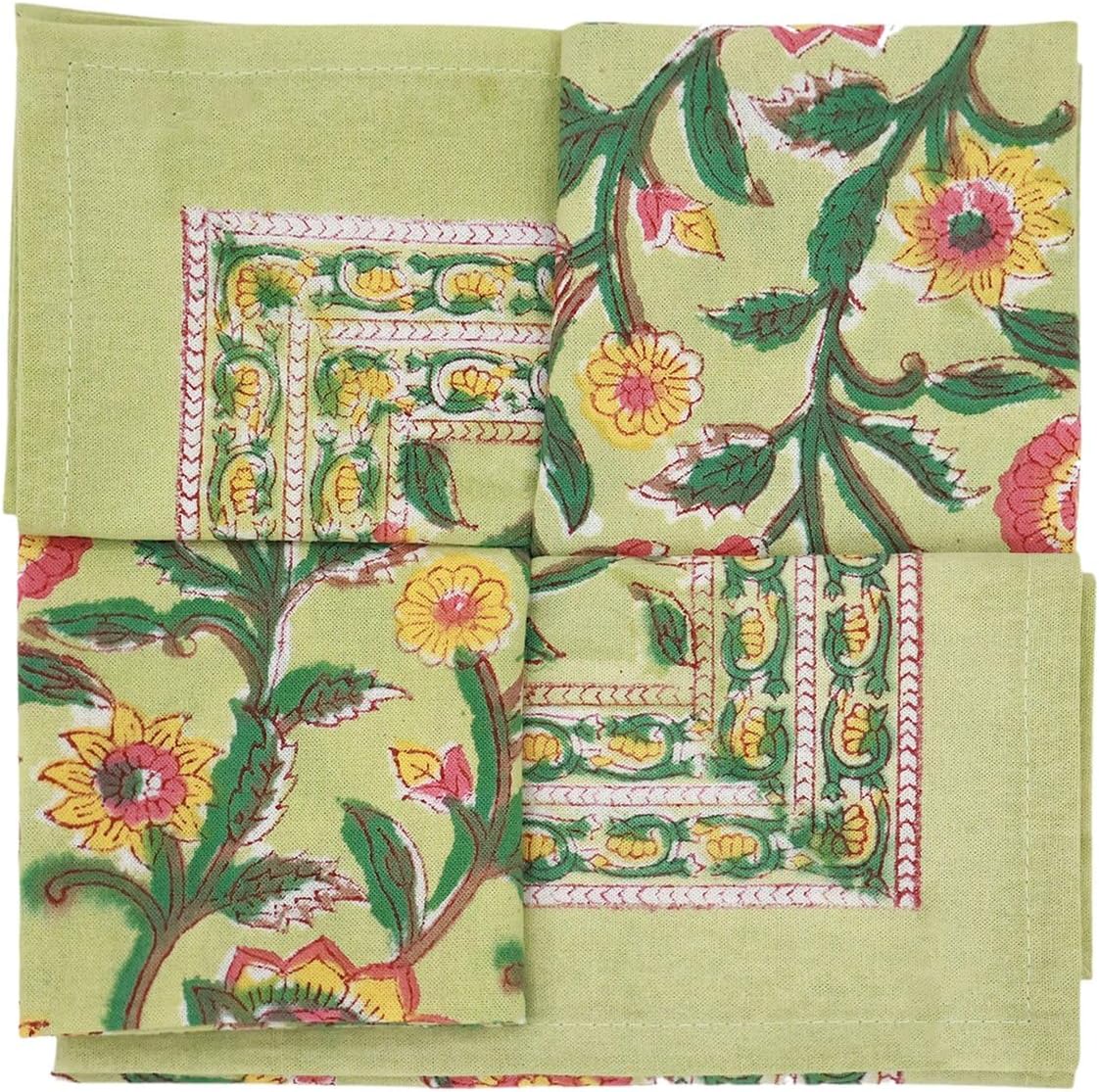 20x20 Inches Cotton Napkins Set of 4, Yellow Green, Washable Hand Block Printed Reusable Cloth Napkins for Dinning, Party, Wedding, Home Decor Autumn Valentine Gifts