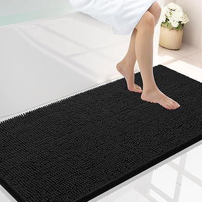 Smiry Luxury Chenille Bathroom Rugs 30x20, Extra Soft and Absorbent Shaggy Bath Mat, Machine Washable, Non-Slip Plush Carpet Runner for Tub, Shower, and Floor, Home Decor Accessories, Black