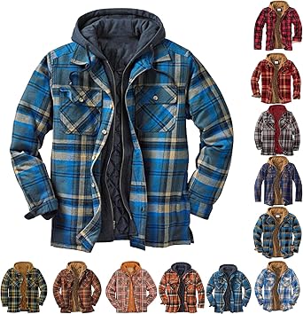 Flannel Jackets Men Classic Plaid Shacket Oversized Quilted Puffer Jacket Full Zip Hoodie Coat Winter Warm Outwear