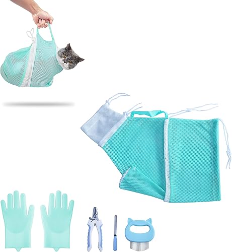 KlerRoem Bolsa de baño para gatos, ajustable, antimordeduras y antiarañazos, bolsa de aseo de malla para ducha de gatos para perros y gatos