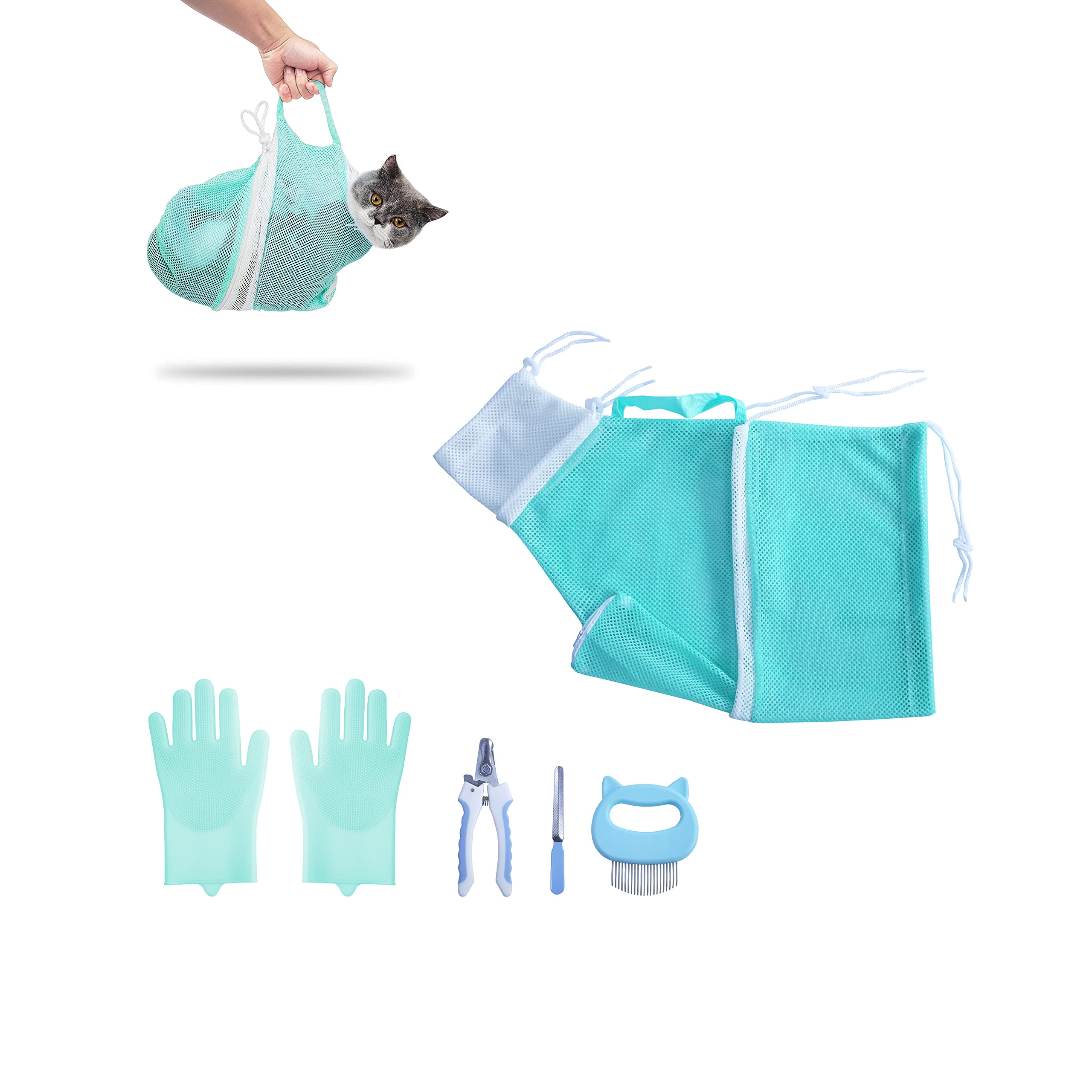 KlerRoem Cat Bathing Bag, Adjustable Anti-bite and Anti-Scratch Cat Shower Mesh Grooming Bag for Pet Dogs and Cats, Includes Pet Nail Clipper, Nail File, Grooming Glove, and Cat Shell Comb