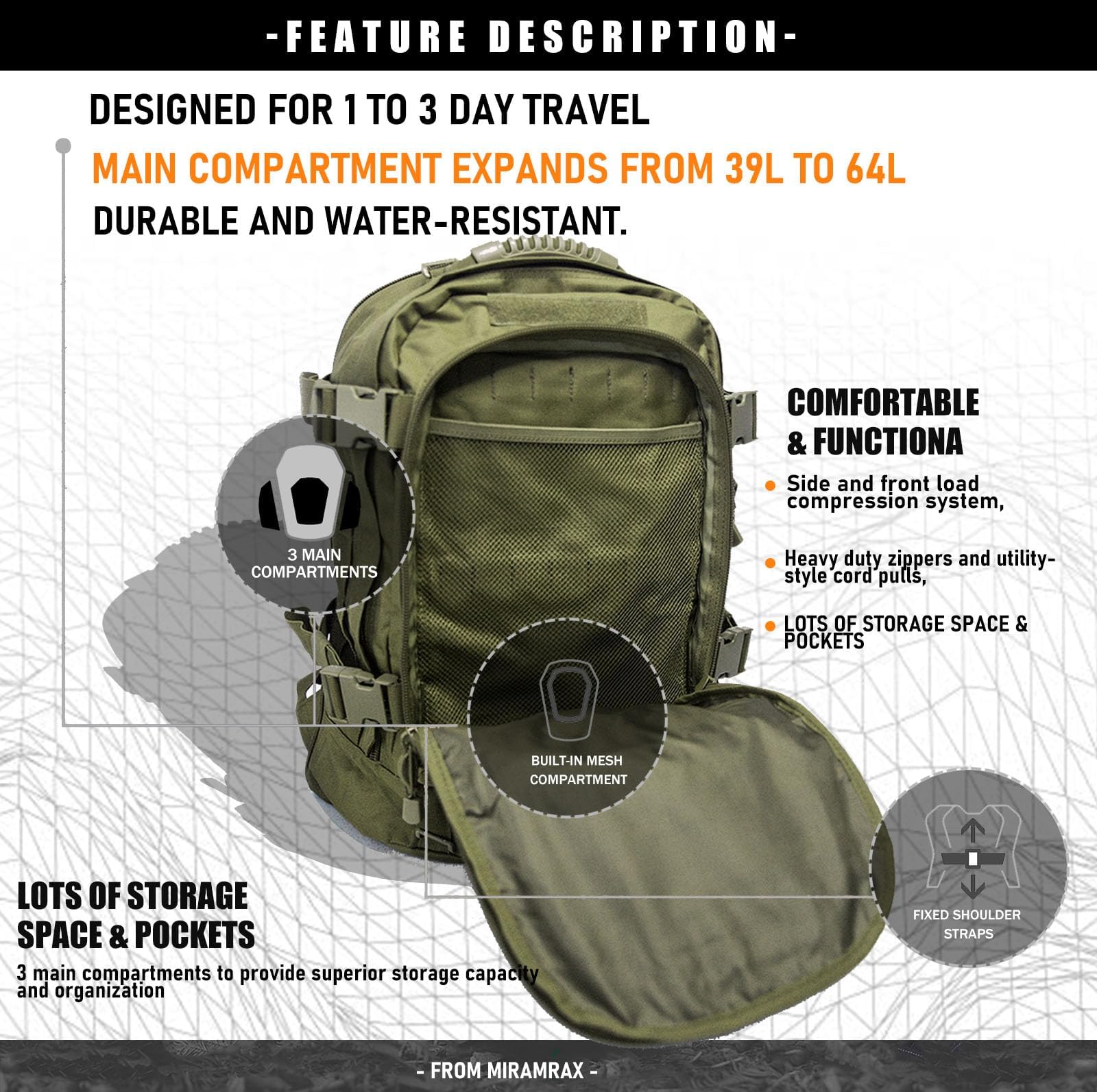 Miramrax Plecak taktyczny, wojskowy, wędrówki, plecak dzienny – plecak Molle dla mężczyzn, 3-dniowy plecak Assault Pack, torba bug-out na kemping