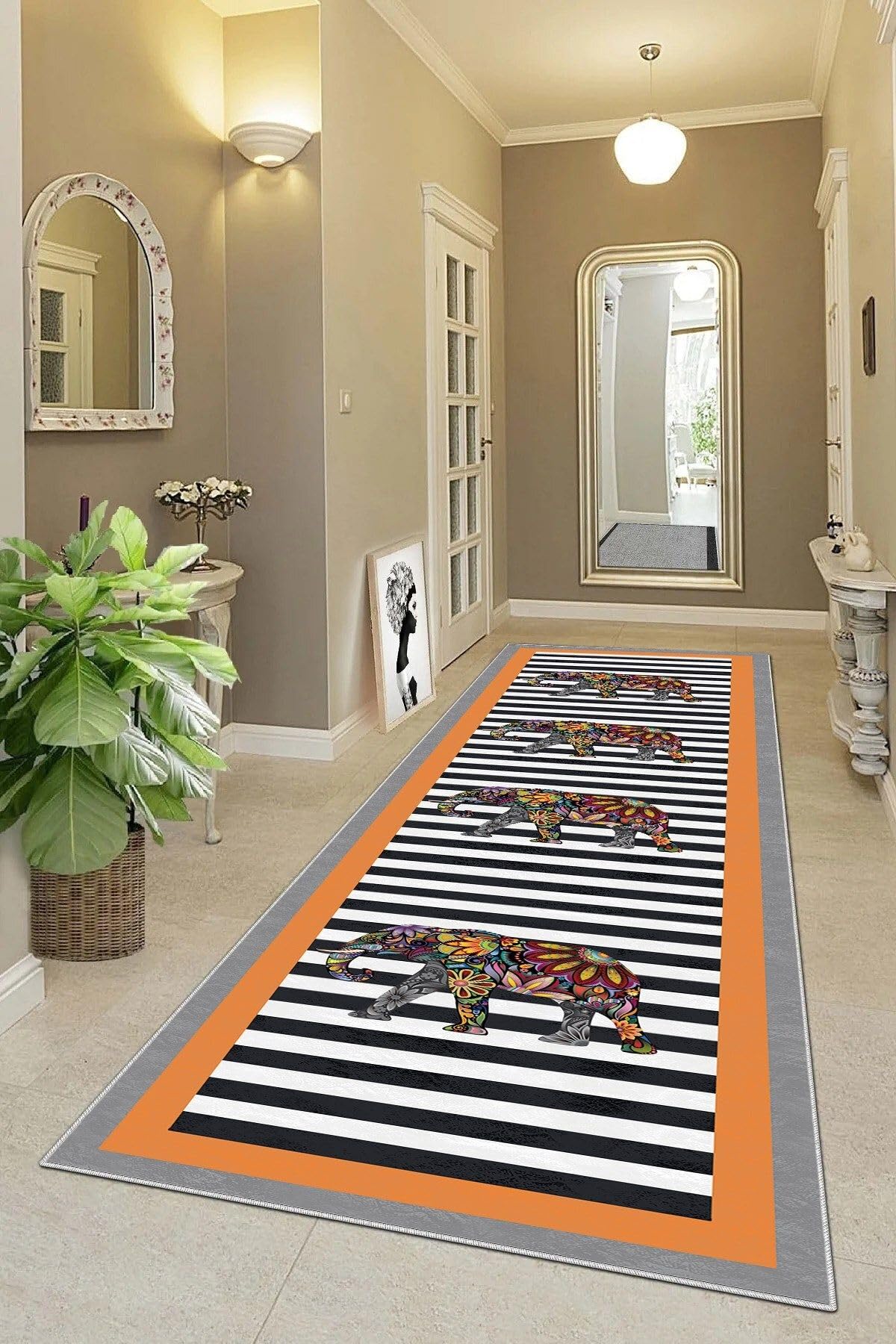 Pelangi Fil Desenli Etnik Dijital Baskı Yıkanabilir Modern Salon Filli Halı ve Yolluk (Turuncu), Turuncu 100 x 300, 955512221003007