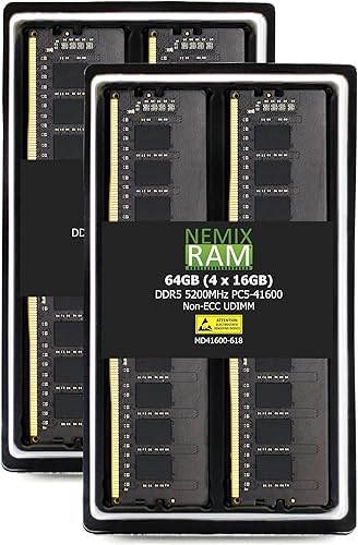 NEMIX RAM 64 GB (4 x 16 GB) DDR5 5200 MHZ PC5-41600 1Rx8 1.1V CL44 288-PIN non-ECC Unbuffered UDIMM Desktop PC Kit de memoria compatible con ASRock