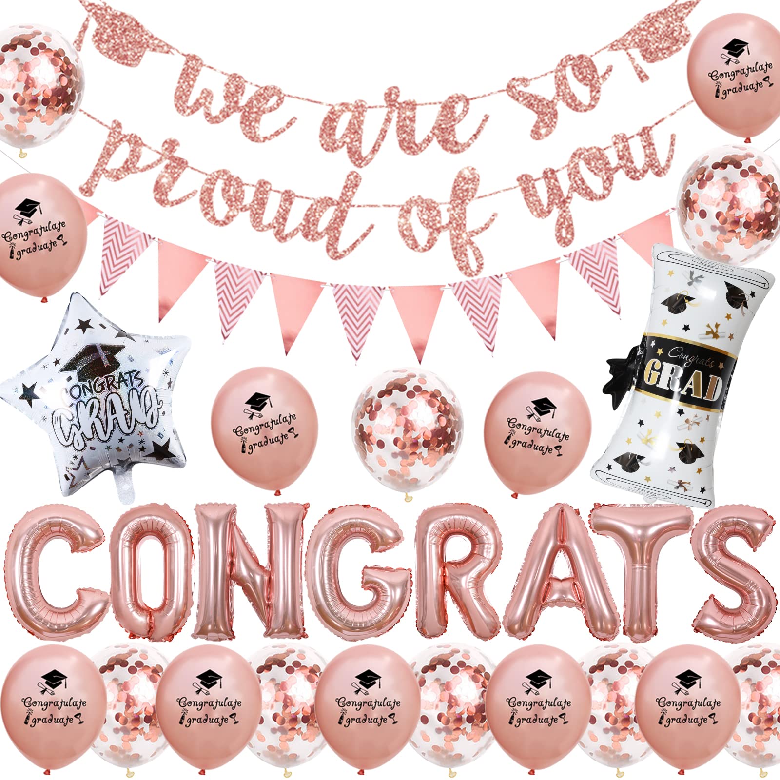 Funmemoir Rose Gold Graduation Party Decorations 2025 Include We Are So Proud Of You Banner, Rose Gold Triangle Bunting Garland, Congrats Foil Balloons, Congratulations Grad Well Done Party Decor