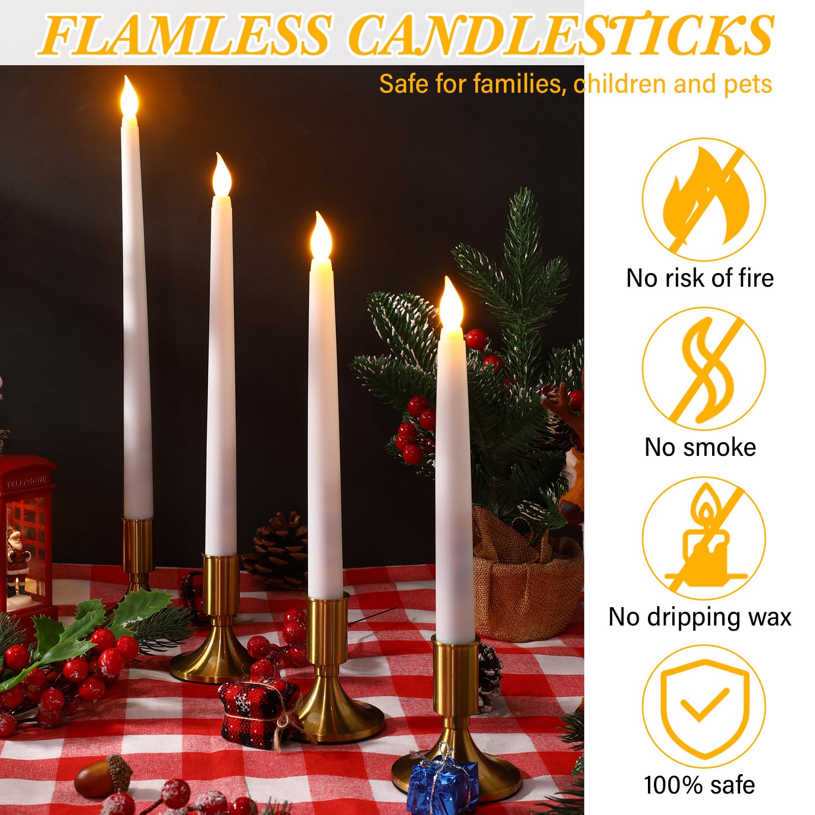 Tuanse Lot de 80 bougies coniques LED sans flamme à piles Blanc | 4 hauteurs 32,8/27,9/21,6 cm, flamme vacillante, pour Noël, mariage, église, fête, bougies coniques alimentées par piles