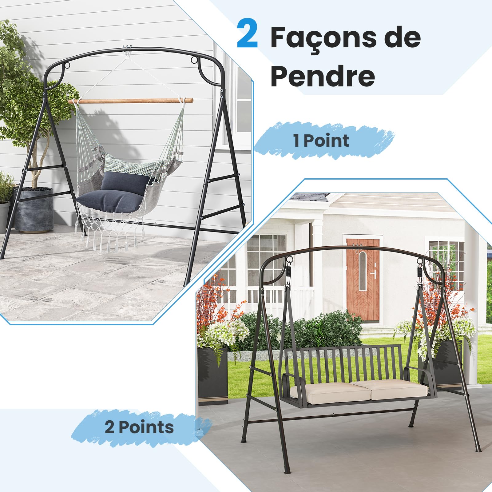 GOPLUS 2 en 1 Portique Balançoire Extérieur 1 Place, Cadre Support Siège Suspendu Hamac pour Porche, Charge 300 kg, pour Jardin, Arrière-Cour, Balcon, sans Banlançoire (Noir|2 en 1,180x133x182CM)