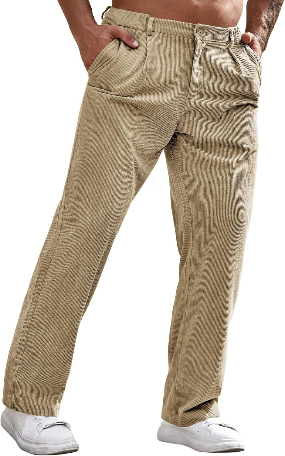Runcati Mens Corduroy Pants Elastic Waist Straight Leg Casual Pleated Pants with Pockets - Image 2