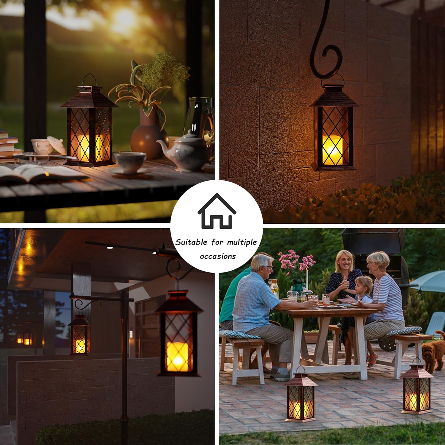 Outdoor Solar Lanterns, Waterproof Hanging Lantern with LED Flickering Flameless Candle, 13'' Bronze Outdoor Solar Powered Lantern Decor for Porch Patio Garden Balcony Pathway, 2 Pack