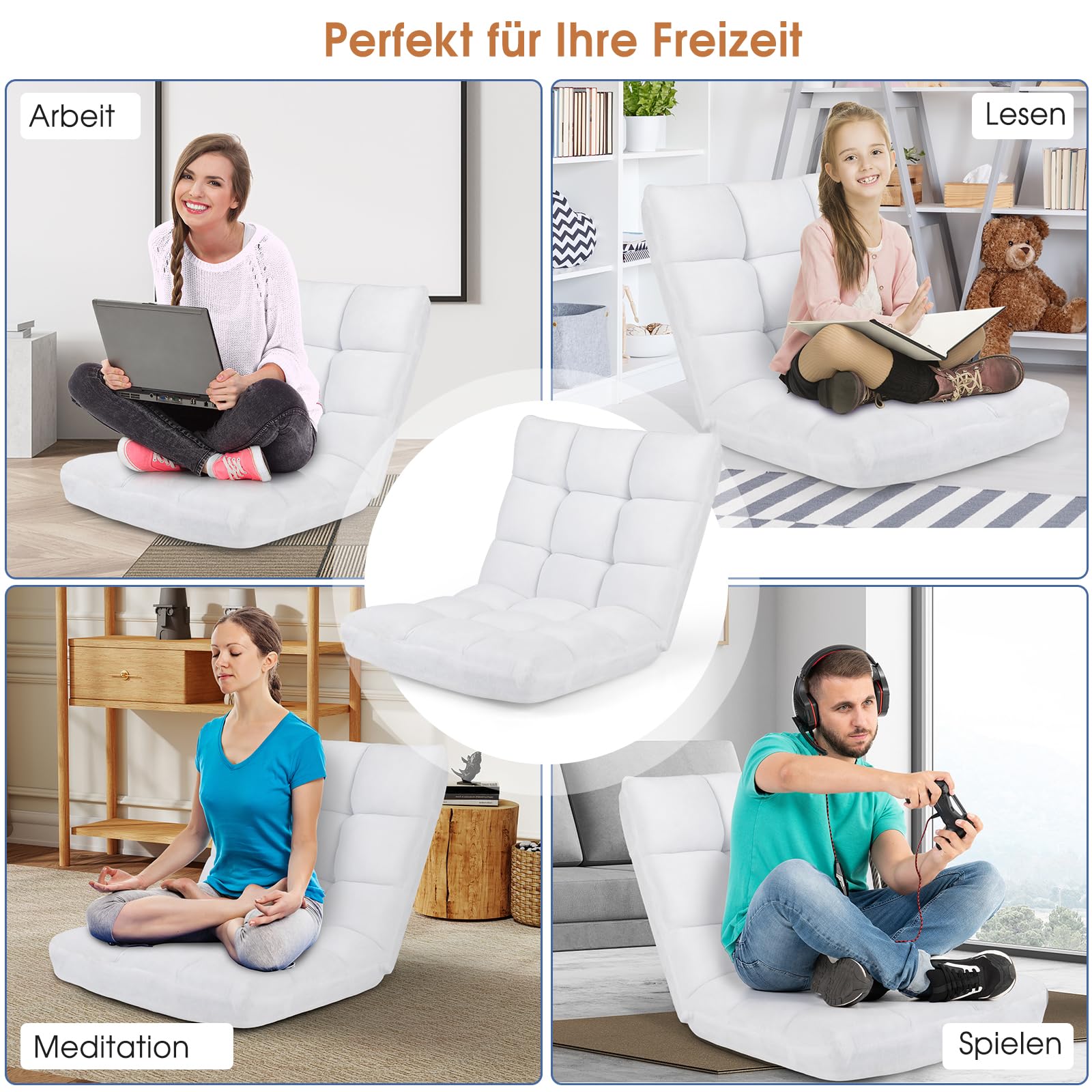 GOPLUS Bodenstuhl, Bodensofa mit Rückenlehne, Bodensessel mit Schlaffunktion, Floor Chair, Lazy Sofa, Meditationsstuhl für Wohnzimmer & Balkon (Weiß)