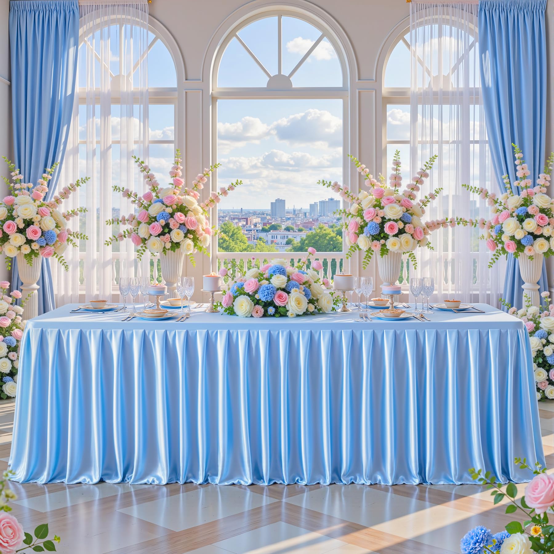 4FT Blue Satin Tablecloths for Rectangle Tables - Shiny Spandex Party Table Cover with Pleated Table Skirt, No-Wrinkle & Glossy Wedding Tablecloth One-Piece for Birthday Baby Shower Banquet Ceremony