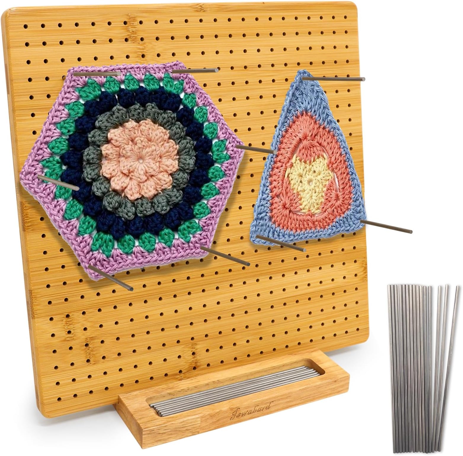 Iswabard 13x13 Inch Blocking Board for Crocheting with 15 Stainless Steel Rods Crochet Blocking Board Bamboo Granny Square with Pegs, Gifts for Crocheters Blocking Mats