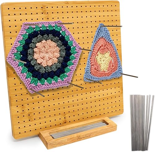 Iswabard Tabla de bloqueo de 13 x 13 pulgadas para ganchillo con 15 varillas de acero inoxidable, tabla de bloqueo de ganchillo, cuadrado de bambú