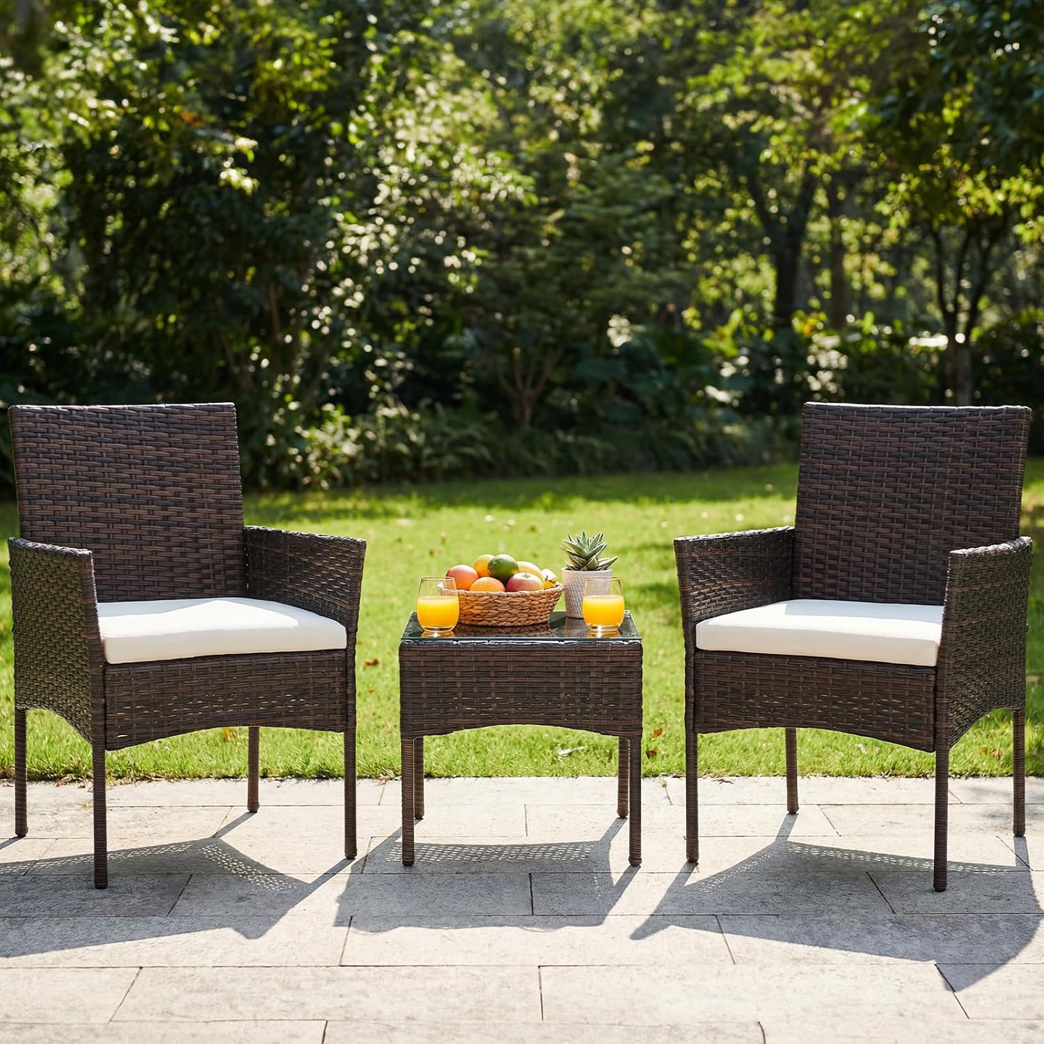 3-Piece Patio Furniture Set, Outdoor Wicker Rattan Conversation Set with Removable Cushions & Tempered Glass Table, Bistro Set for Porch, Balcony, Apartment - Brown