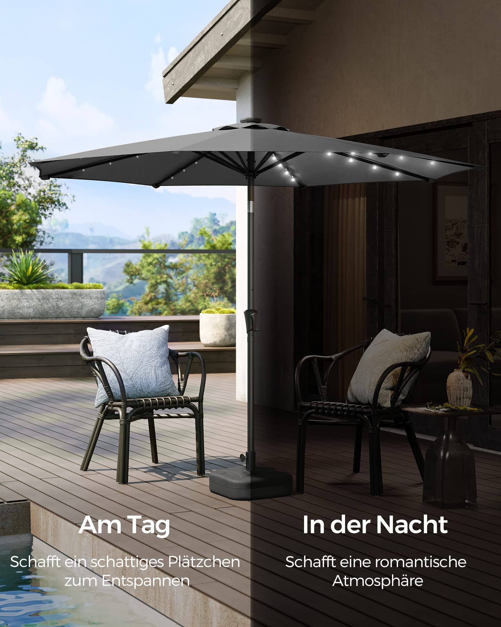 SONGMICS Sonnenschirm 300 cm mit LED-Solar-Beleuchtung, 32 LED-Lämpchen, UV-Schutz UPF 50+, beidseitig um 30° knickbar, für Garten, Terrasse, Pool, Balkon, ohne Ständer, grau GPU33GY