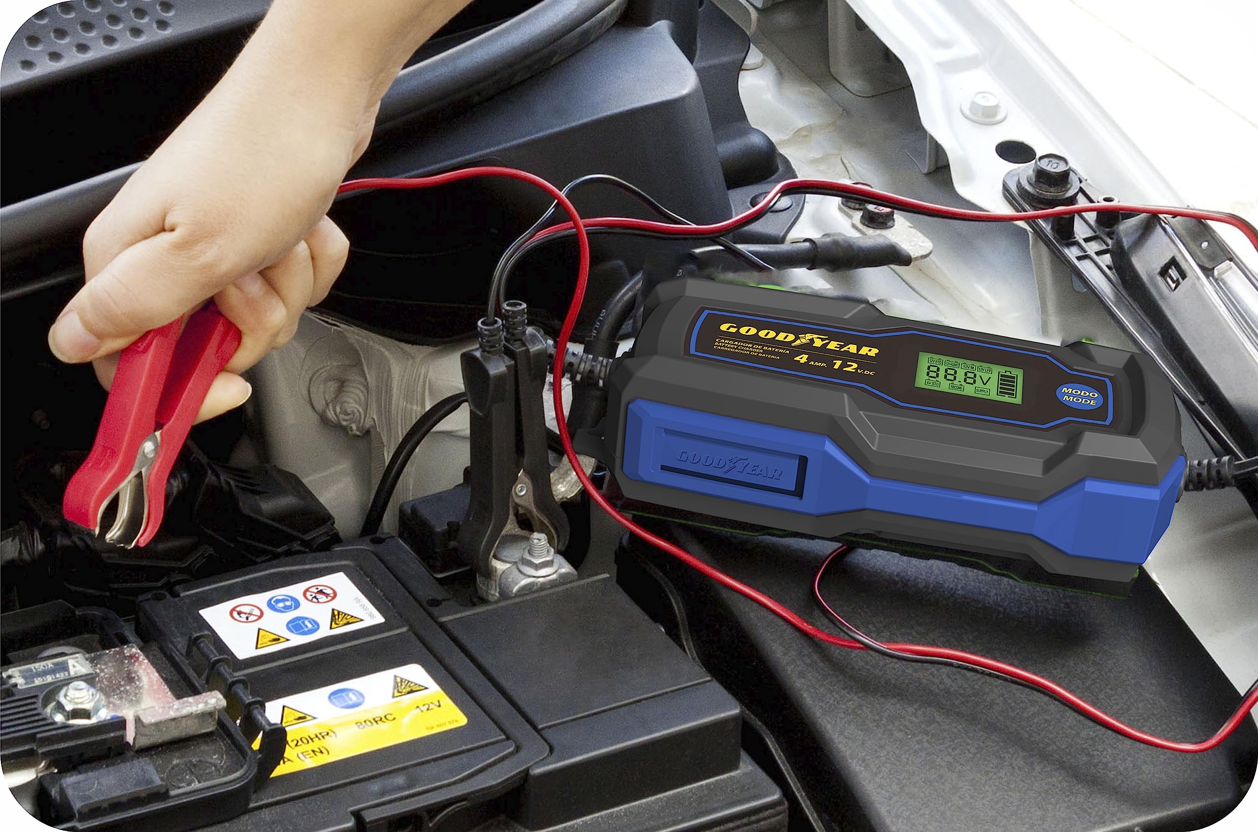 Goodyear Evo Chargeur de Batterie Intelligent 4.0 Amp avec Joint Torique 6-12V pour Les Batteries STD, AGM, Gel et LiFePO4. Capacité de 4-120Ah.