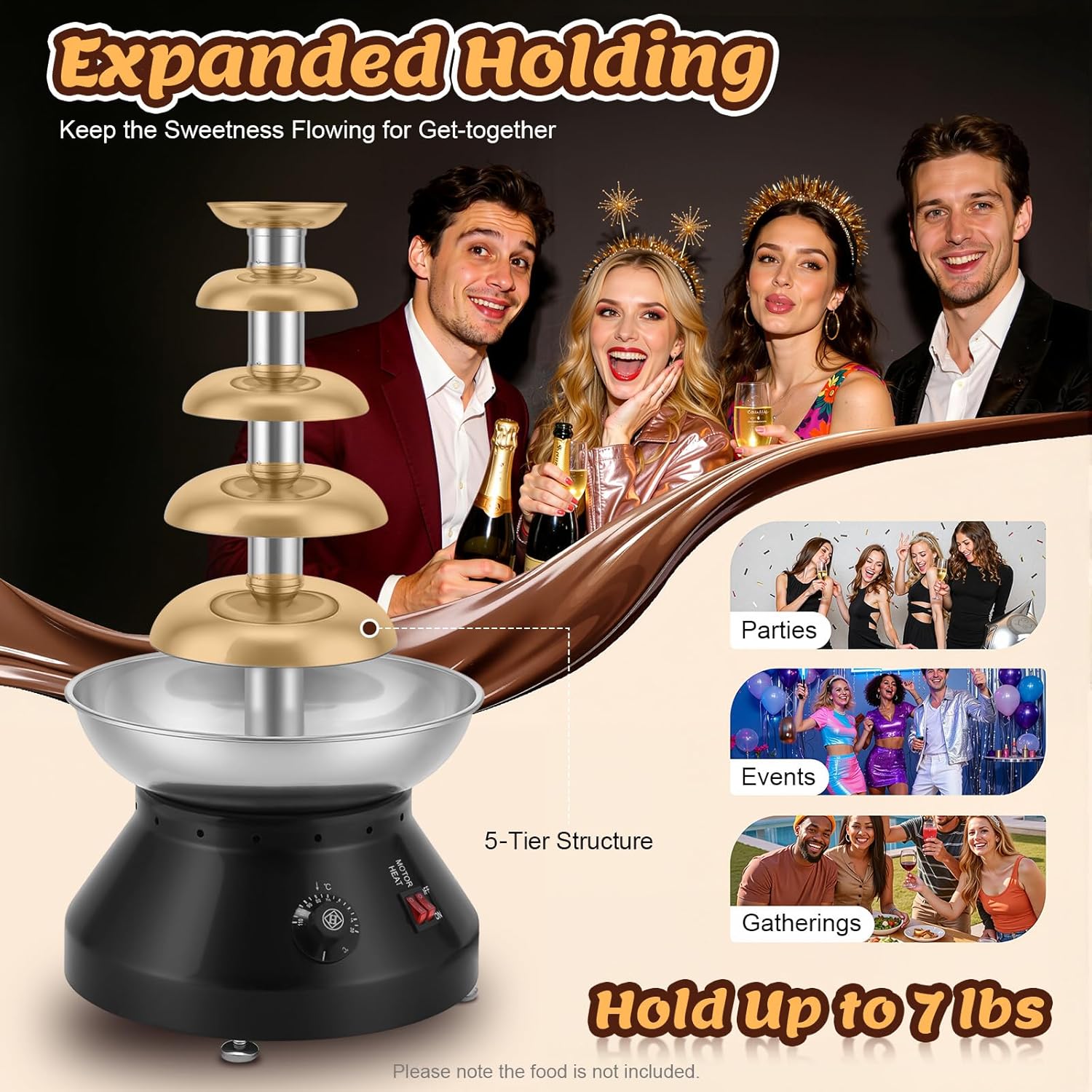 Chocolate Fountain Machine, 5 Tier Chocolate Fondue Fountain with Capability 7 lb Commercial Hot Chocolate Fondue Tower for Nacho Cheese Liqueurs Party Wedding 230W (Black)
