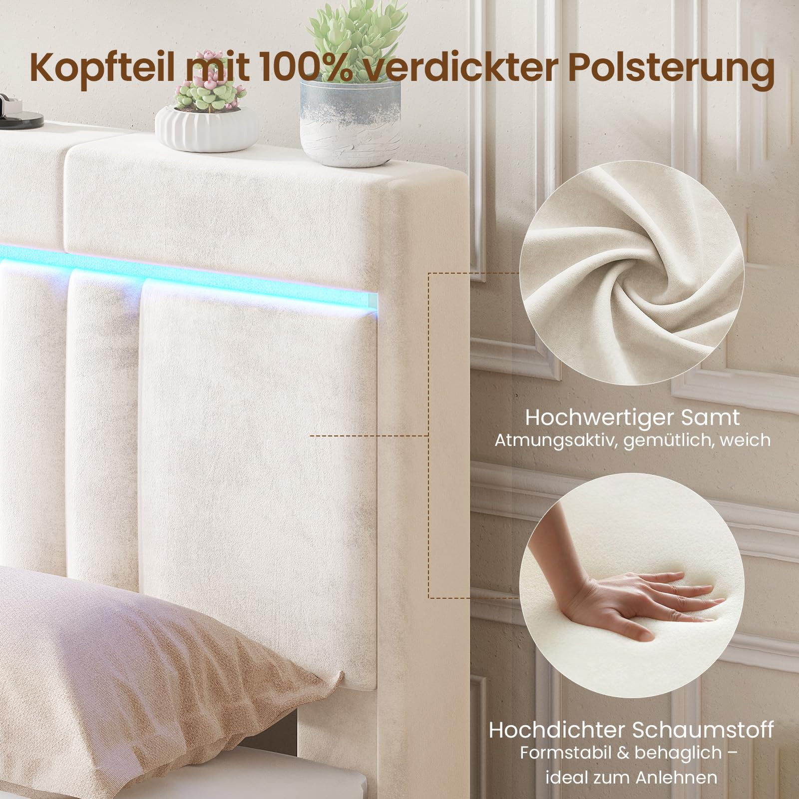 AOGLLATI Polsterbett 140×200 mit Stauraum Jugendbett 140×200 mit Steckdosen und LED-Beleuchtung, 30cm Hydraulischer Stauraum, Bettgestell mit Lattenrost aus Holz, Edler Samtstoff (Beige,140x200cm)