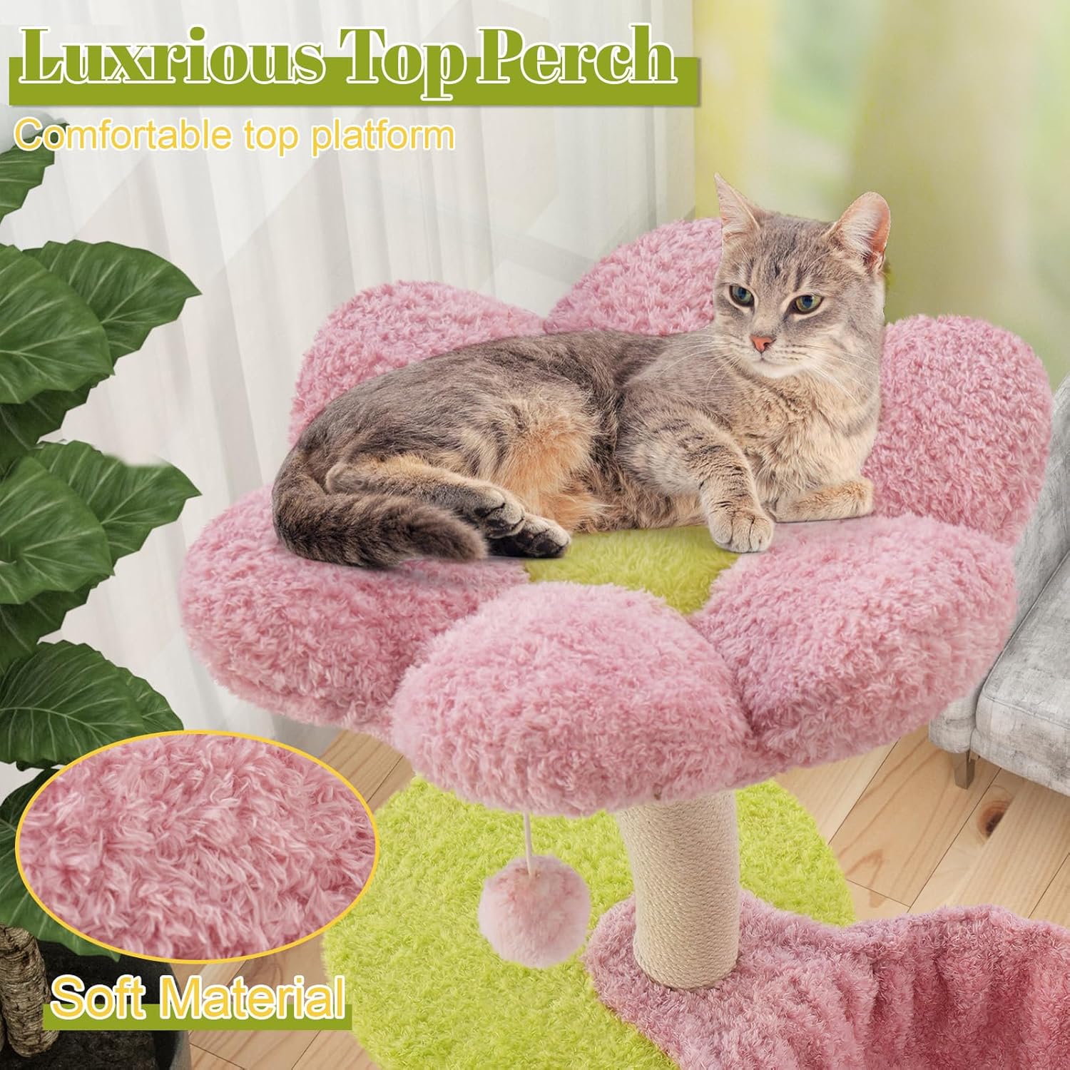 Large Cat Tree for Indoor Cats Large Adult, Cats Climbing Tower with Scratching Post, Cat Condo, Green Wood Cats Tree with cat Hammock, Flower Cat Trees, Modern Cat Tree with Dangling Ball (Green)