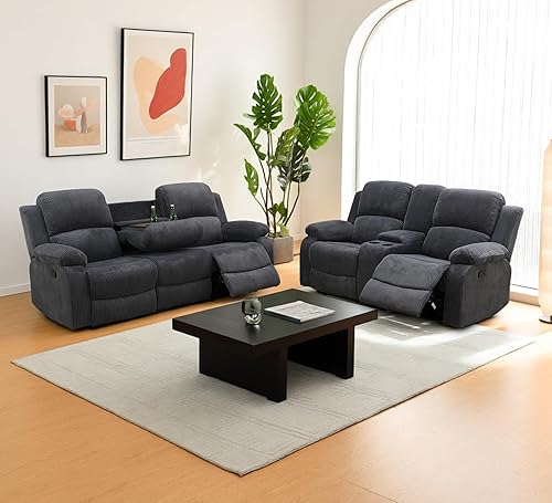 Miniatura 15 de Juego de sofá reclinable para sala de estar, juego de muebles de sala de estar, 2 piezas, sofá de tela de pana y juego reclinable con mesa gris